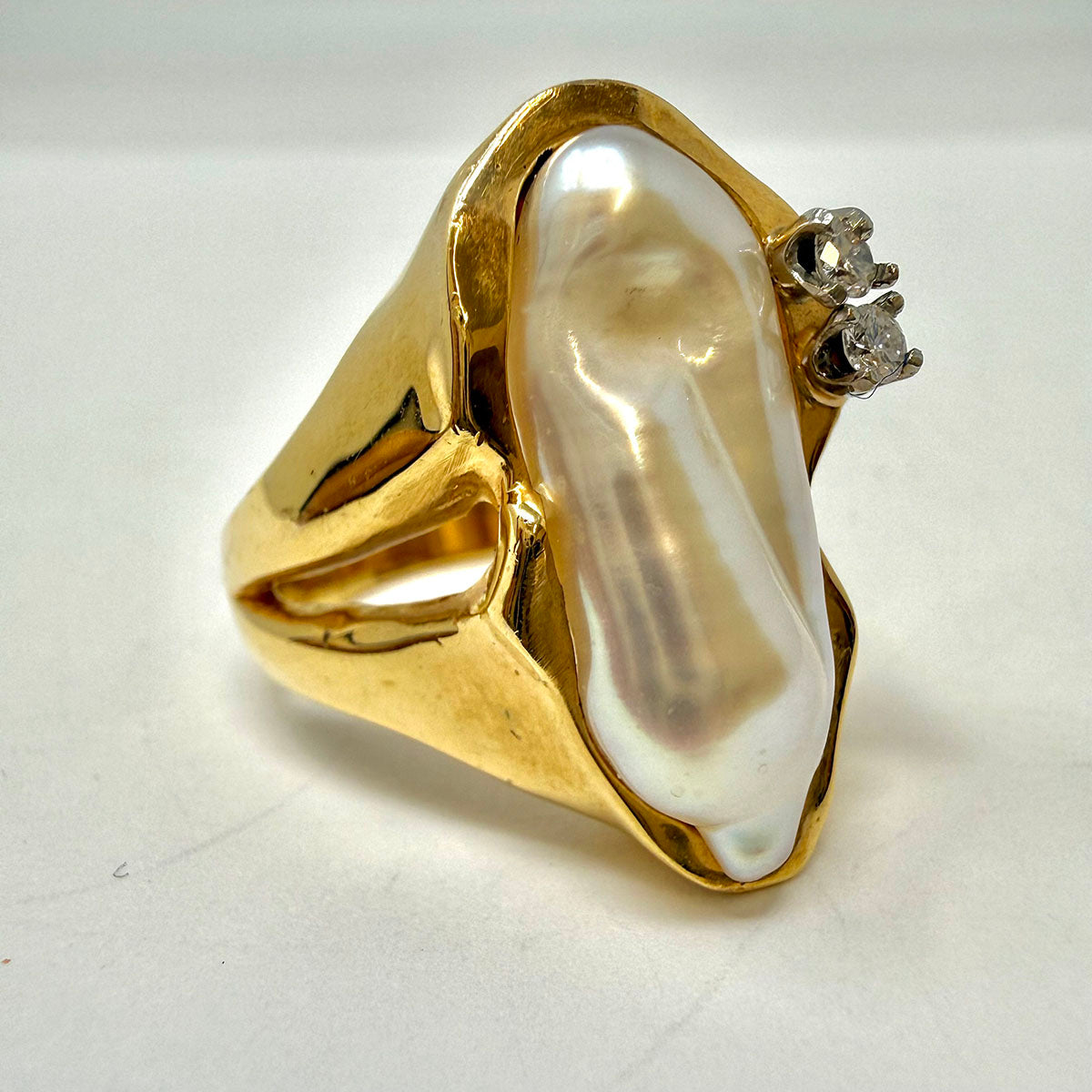 14K Yellow Gold Rudolph Friedman Ring with Elongated Pearl and 2 Diamonds