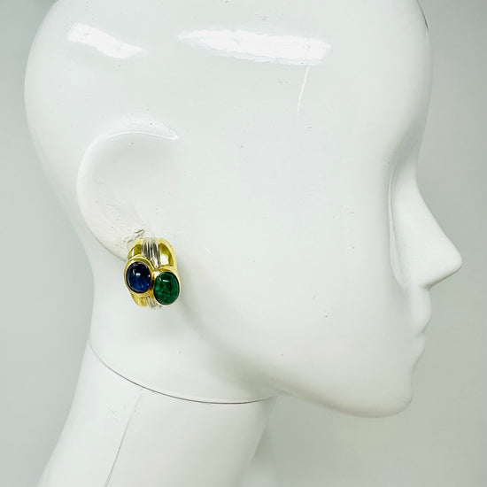 Giovane 18K Yellow and White Gold Ribbed Earrings with Emerald and Sapphire