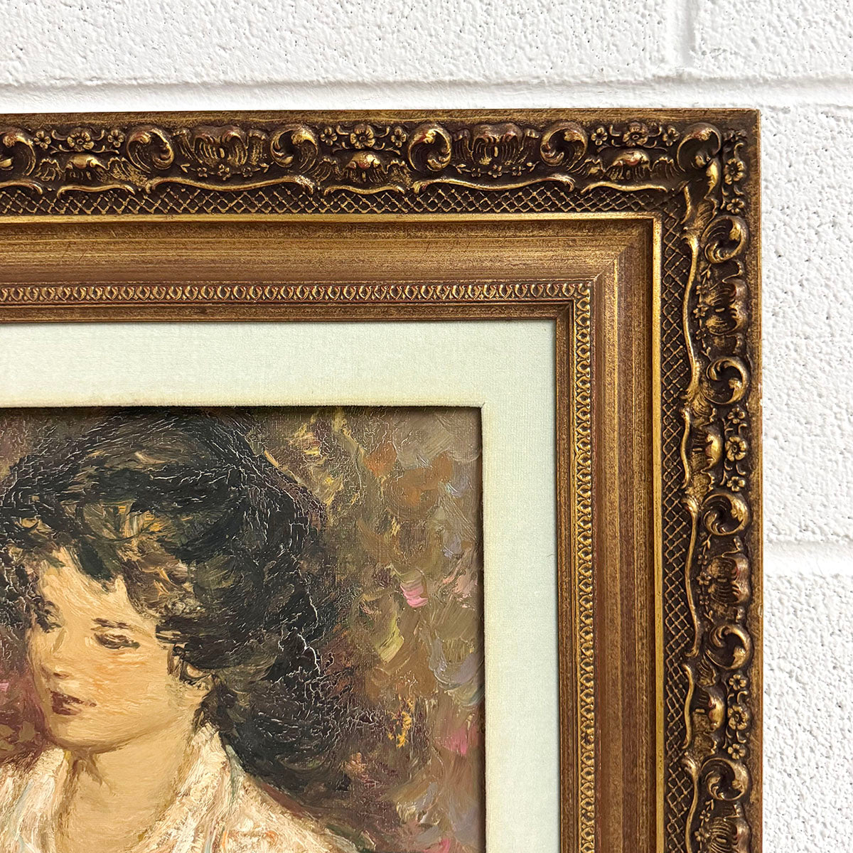 "Mother and Daughter with Flowers", Signed
