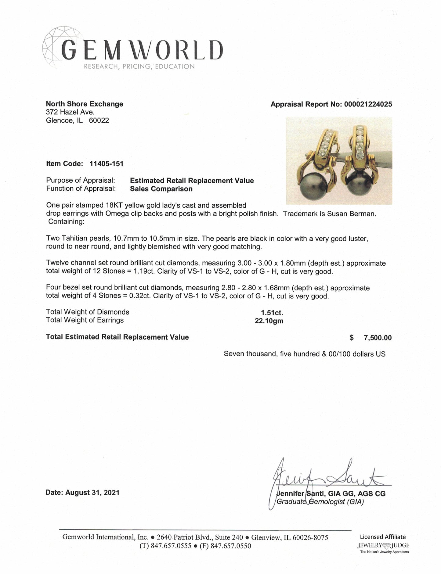 Susan Berman 18K Gold Earrings with Tahitian Pearl