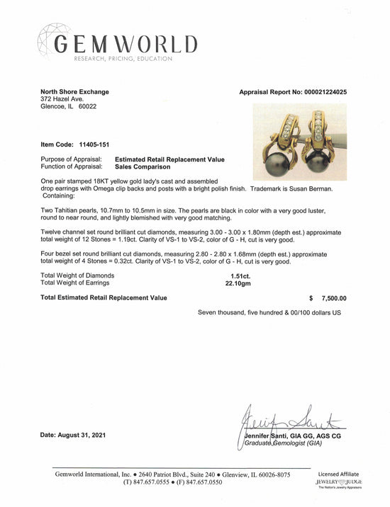 Susan Berman 18K Gold Earrings with Tahitian Pearl