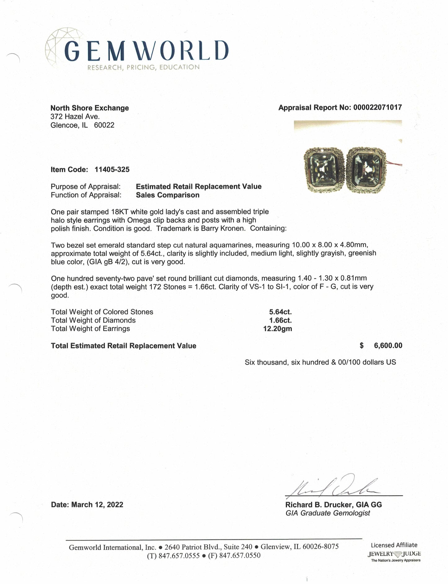 Barry Kronen 18K White Gold Earrings with Aquamarine and Diamonds