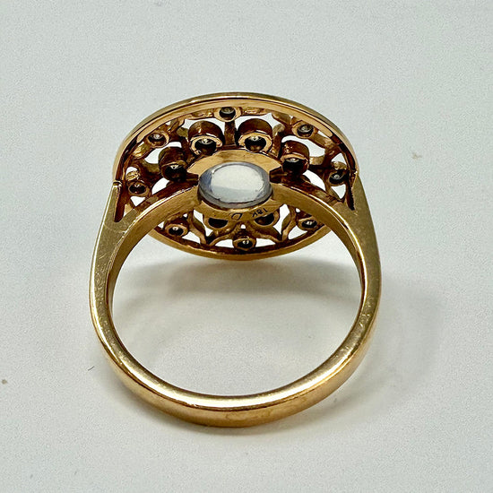 18K Rose Gold Ring with Filigree Design with Diamond and Moonstone
