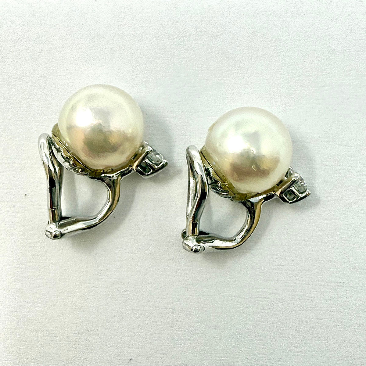 18K White  Gold Cultured Pearl and Diamond Earclips