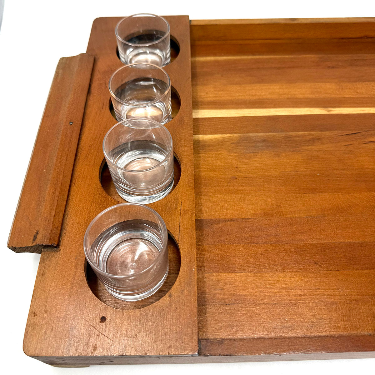 Vintage MCM Teak Tray with 8 Tasting Glasses