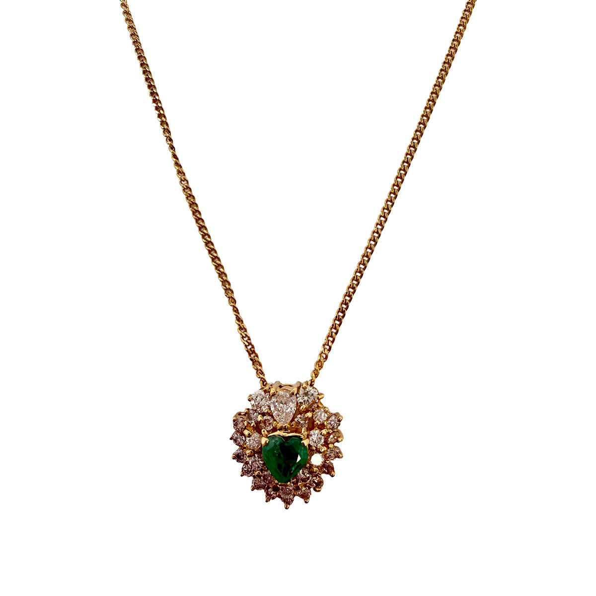 18K Yellow Gold  Necklace with Emerald and Diamond Pendant