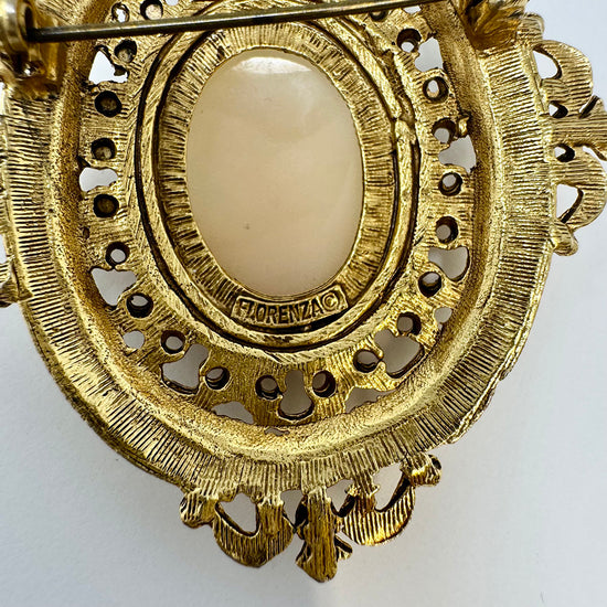 Florenza Signed Gold-tone Filigree Shell Cameo Pin