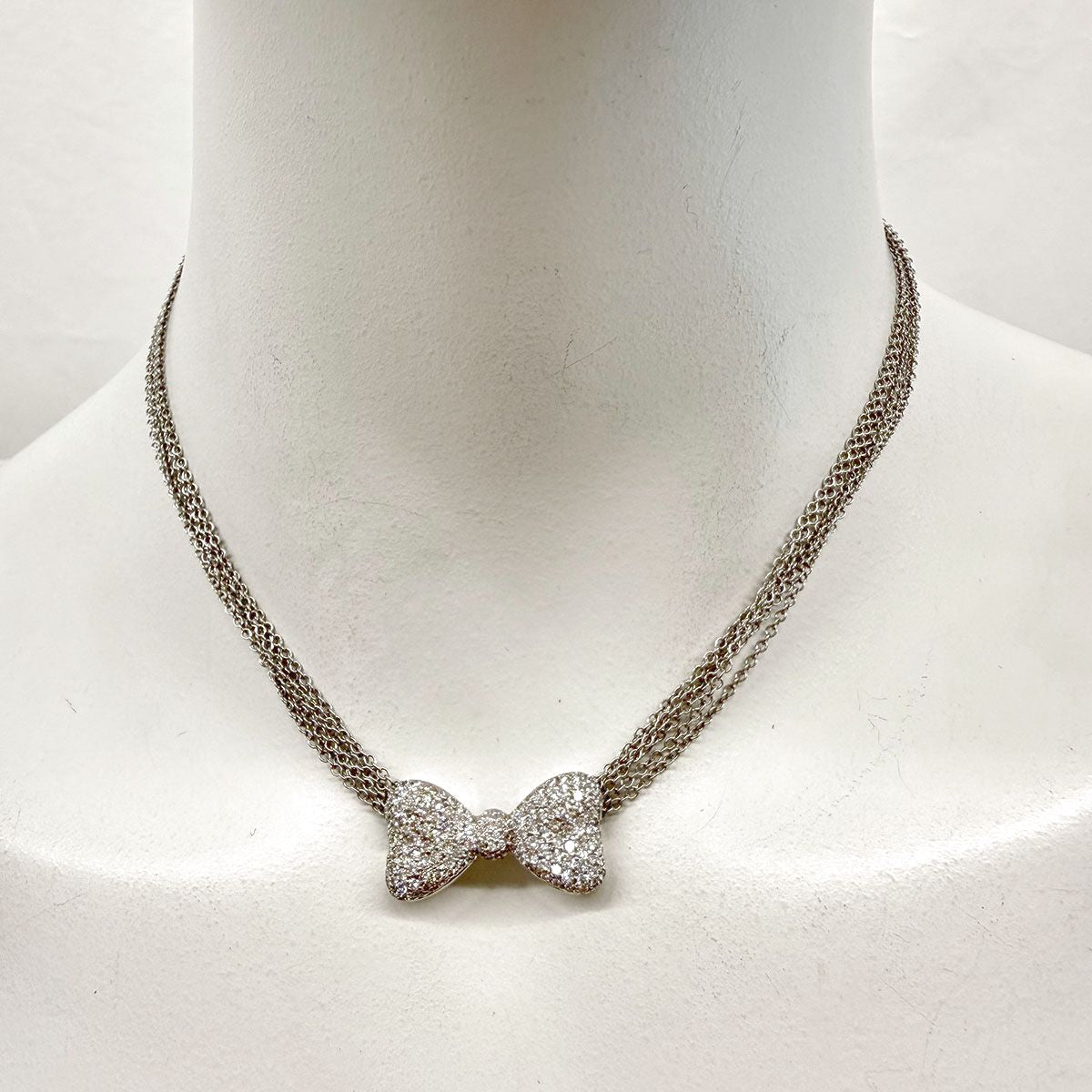 18K White Gold Six Chain Necklace with Diamond Bowtie