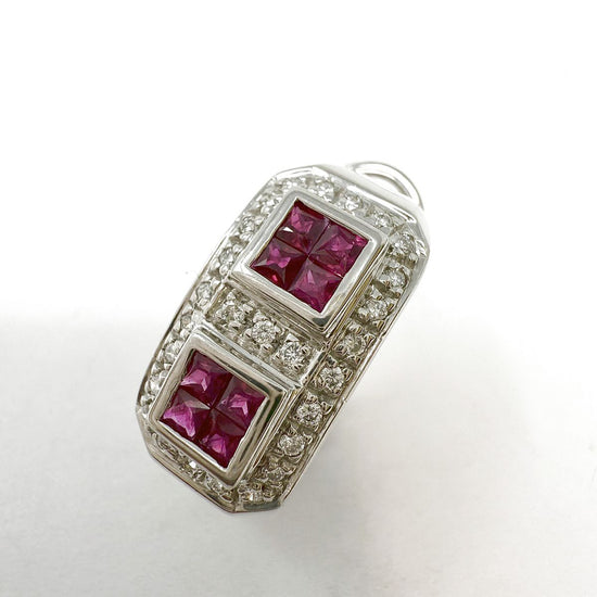 14K White Gold Huggie Earrings with Ruby and Diamonds