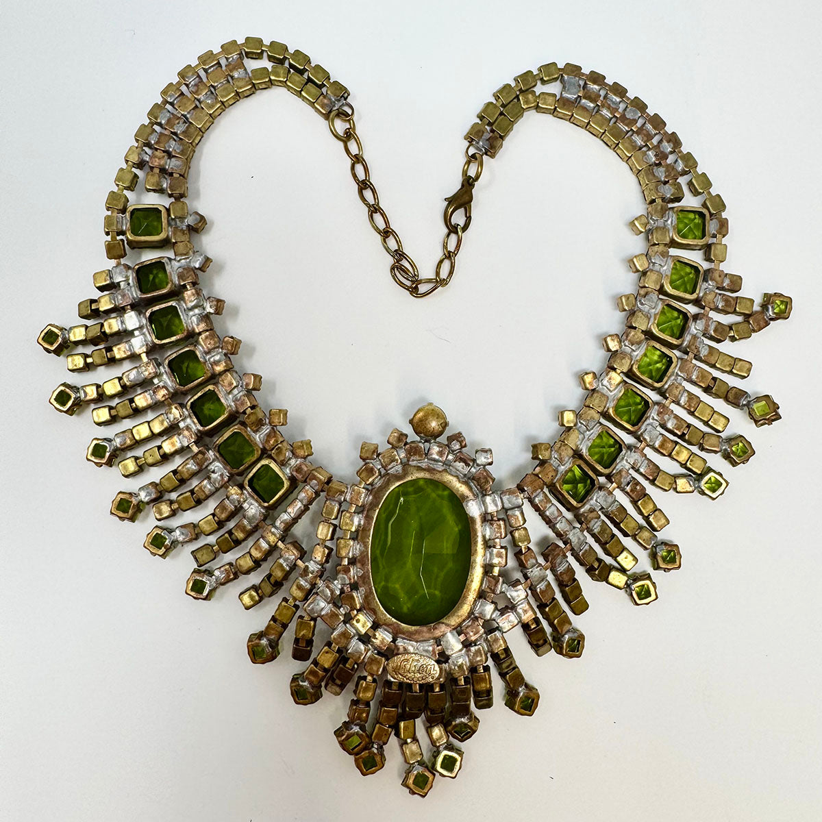Egyptian Revival Green Crystal and Rhinestone Bib Necklace