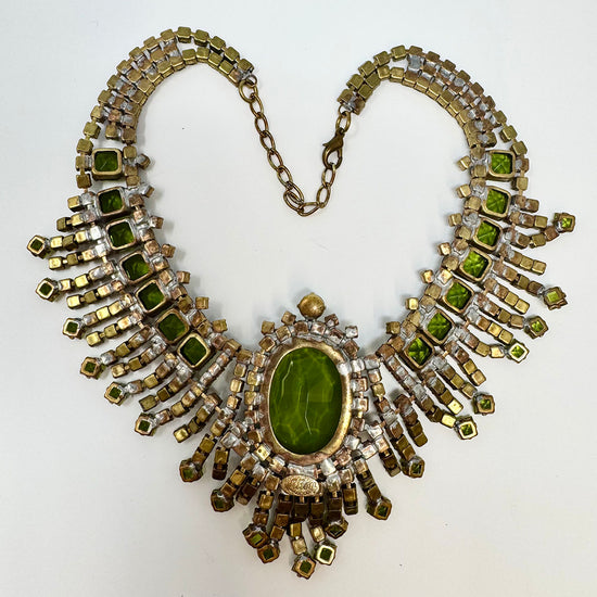 Egyptian Revival Green Crystal and Rhinestone Bib Necklace