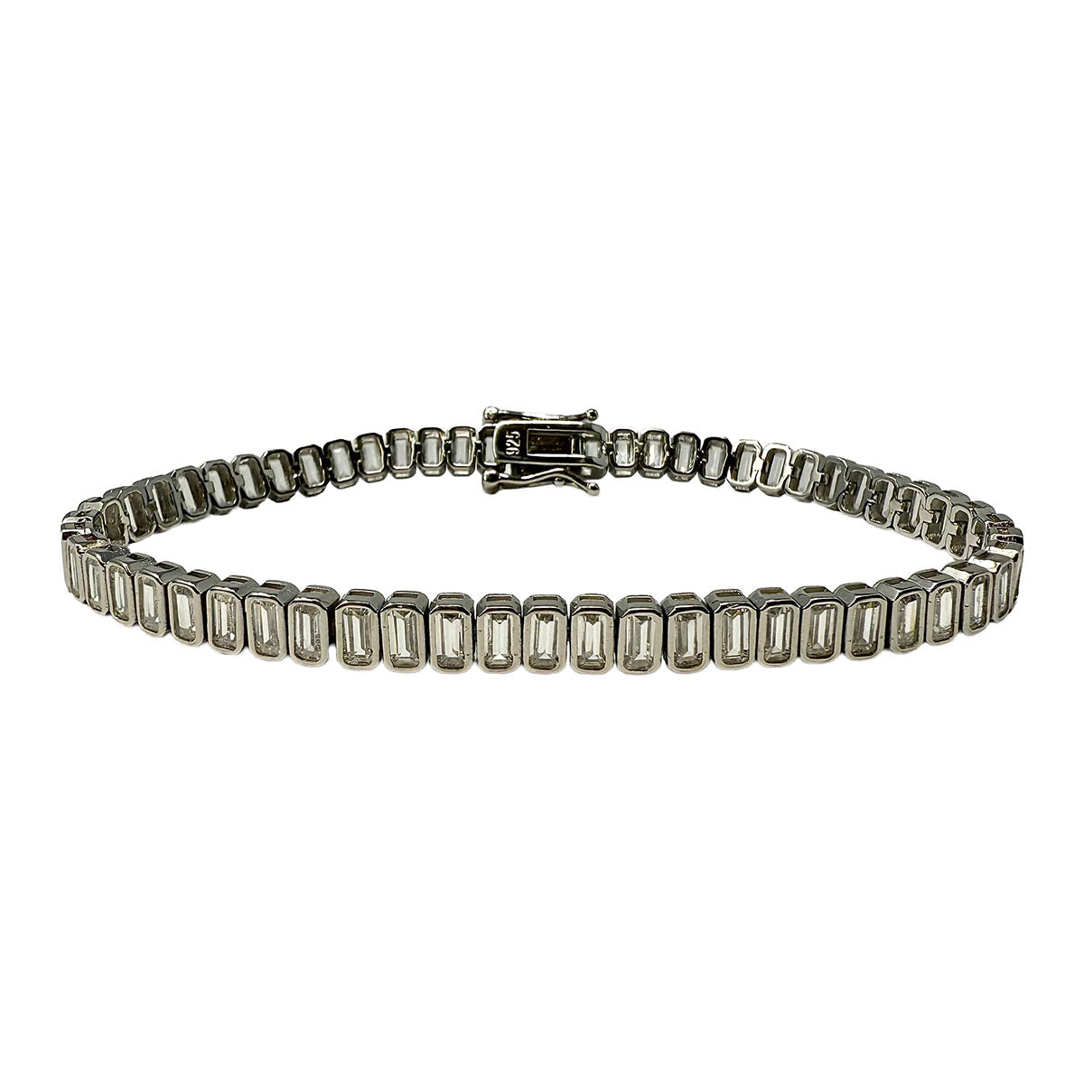 7" Bezel Set Emerald Cut CZ Tennis Bracelet set in Sterling Silver