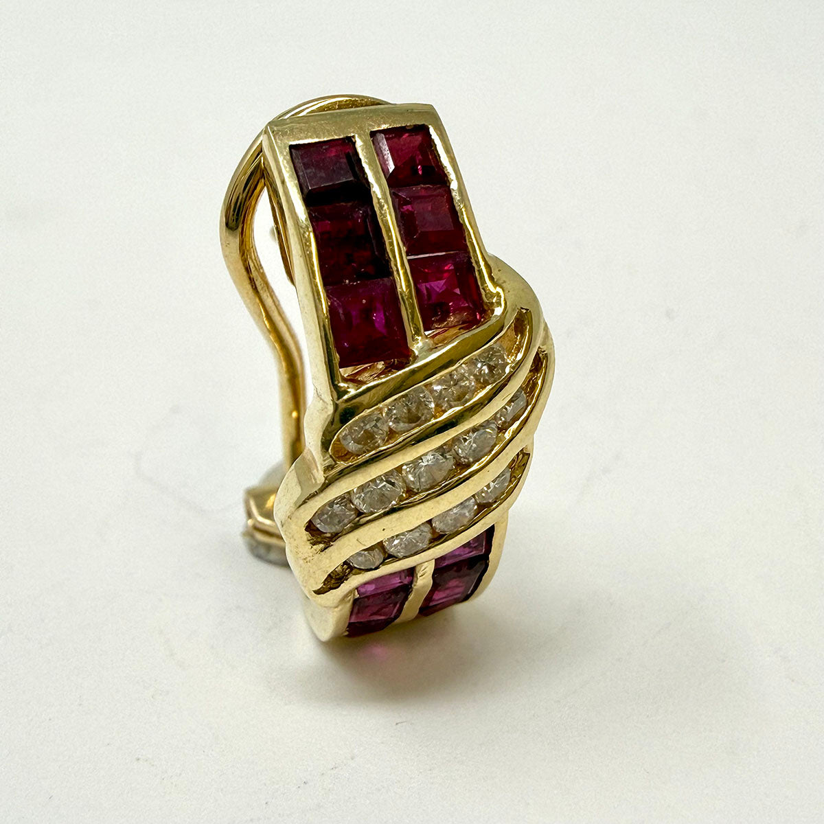 Gold Huggie Earrings with Ruby and Diamonds