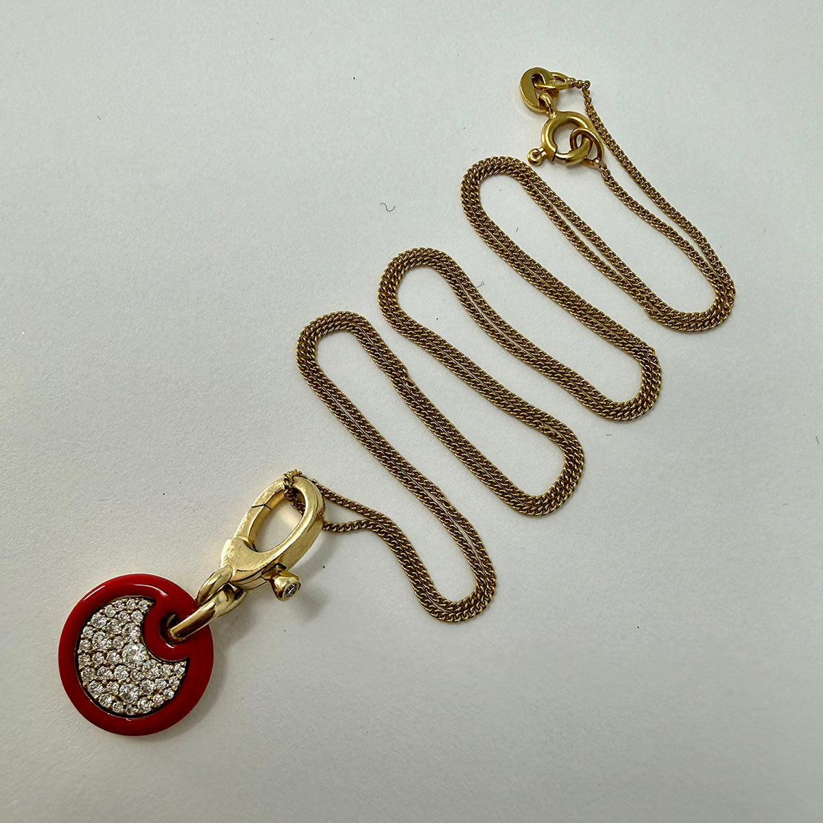 14K Gold Necklace with Diamond Embellished Disc Pendant with Red Enamel Trim