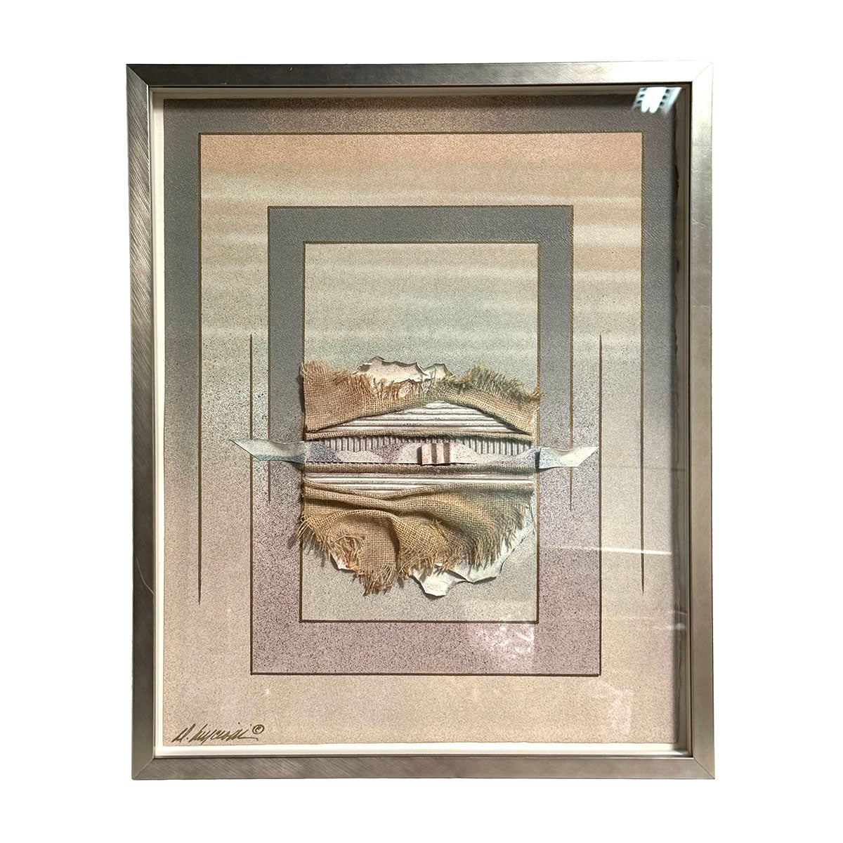 Mixed Media Shadow Box with Layered Materials, Signed