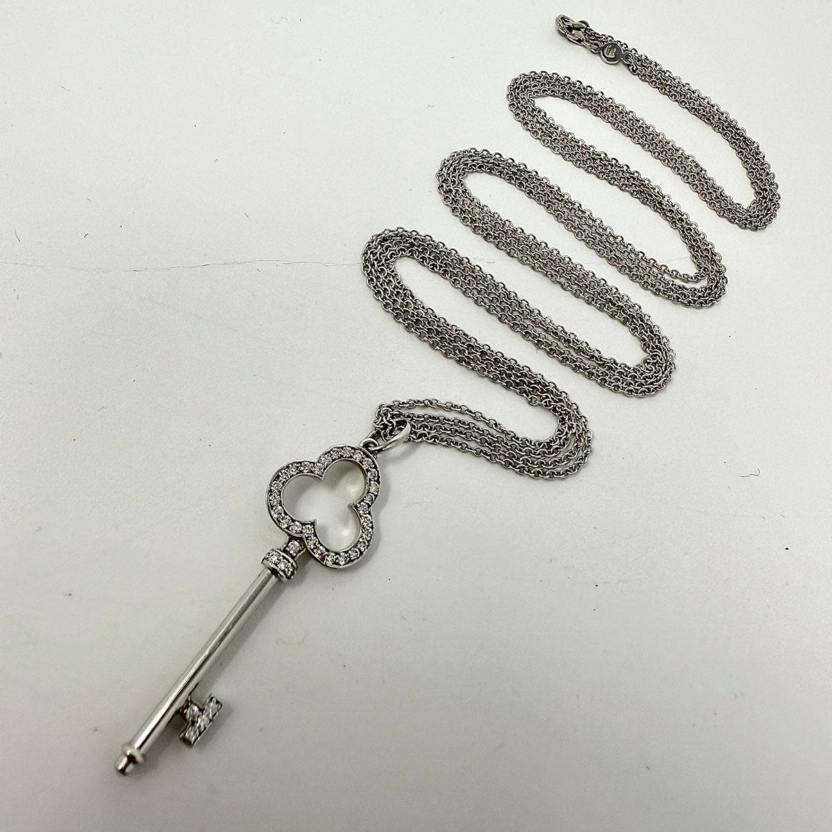 14K White Double Chain Necklace with 18K White Gold Diamond Key Pendant