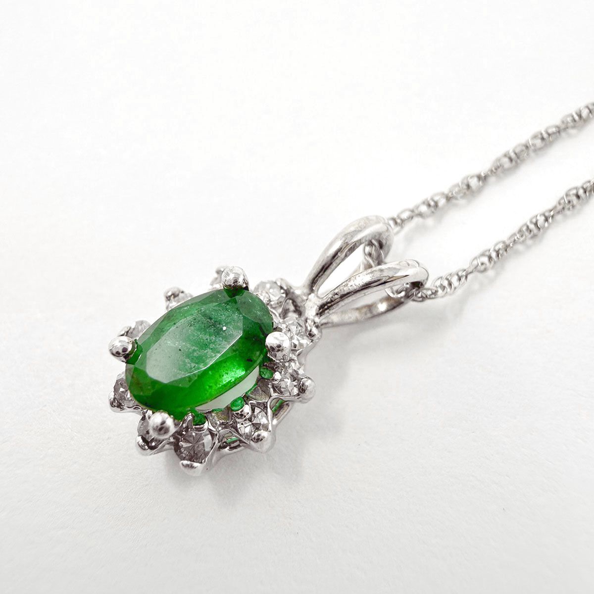 14K White Gold Necklace with Emerald and Diamond Pendant