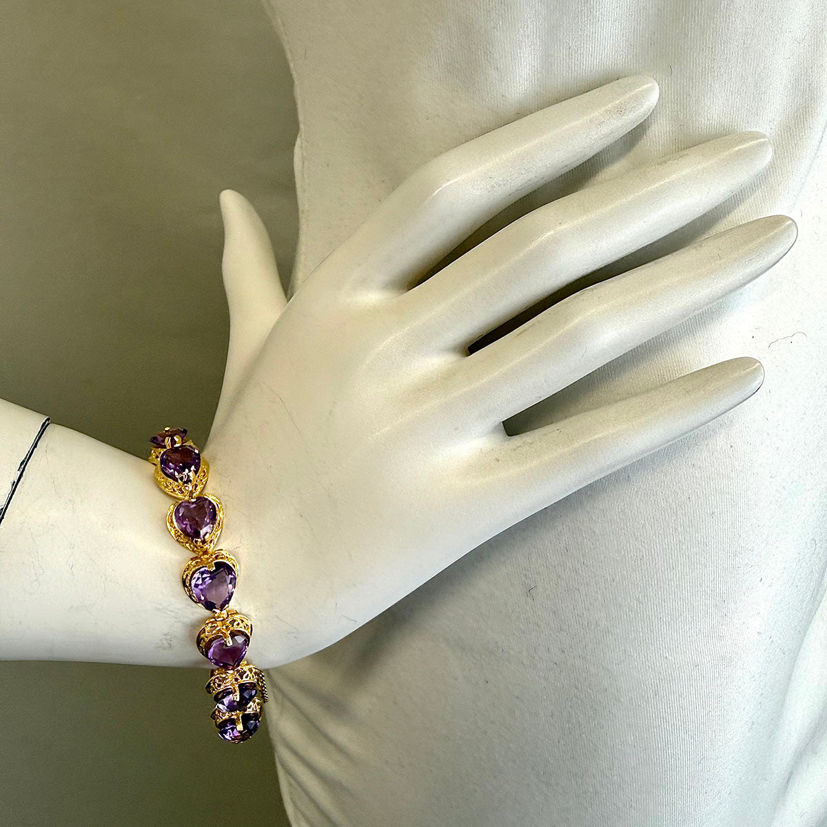 Vintage 14K Gold Heart Shaped Amethyst Link Bracelet
