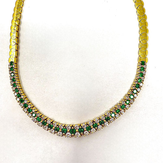 18K Gold Necklace with 33 Emeralds and 64 Diamonds