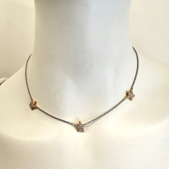 18K White Gold  Necklace with 3 Yellow Gold Stars with Diamonds