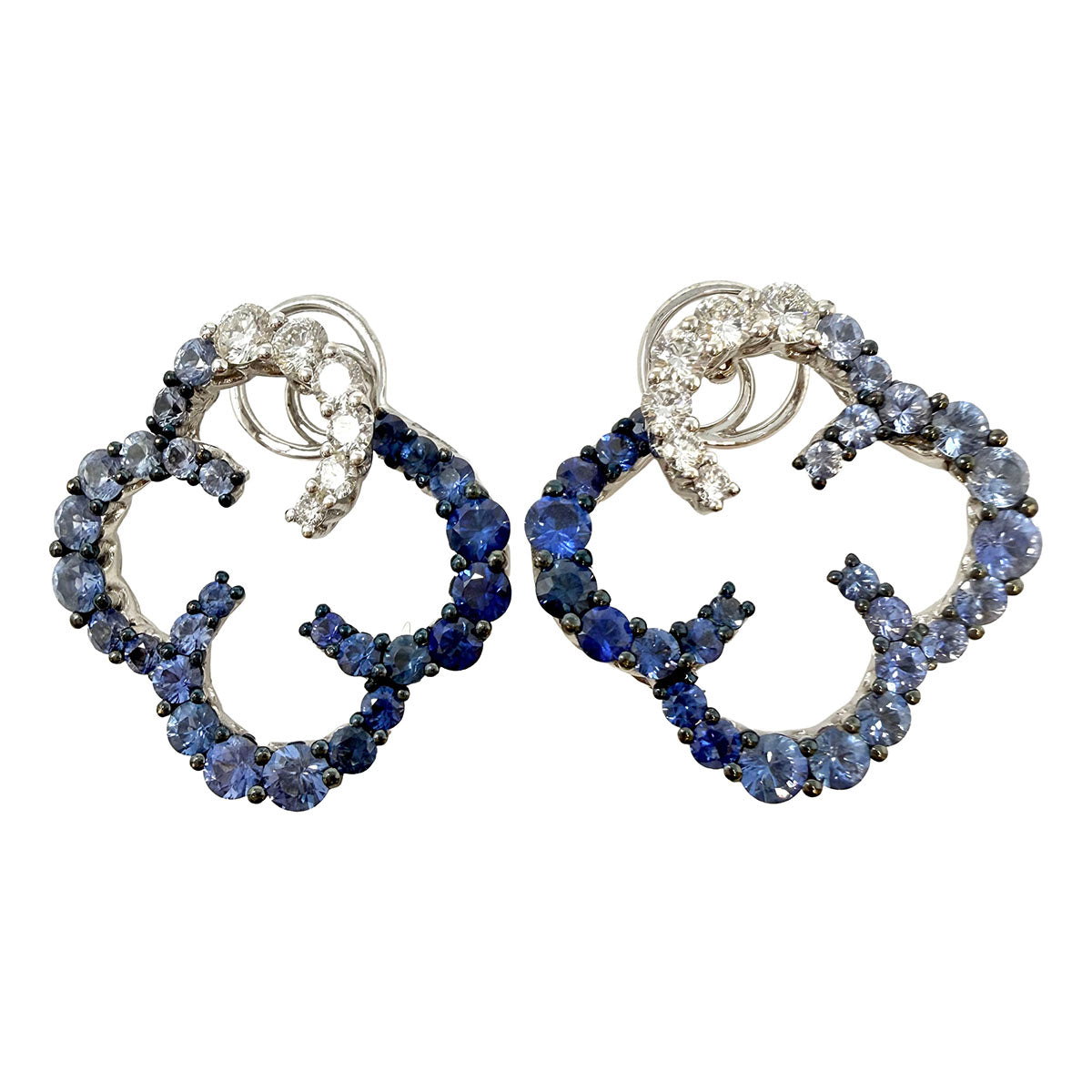 18K White Gold Open Quatrofoil Shaped Earrings with Sapphire and Diamonds