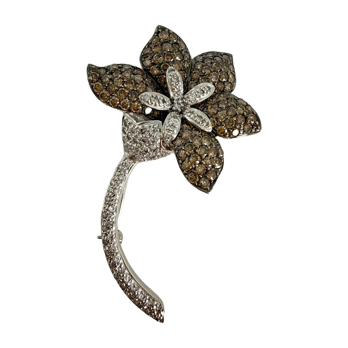 14K White Gold Flower Pin with White and Brown Diamonds