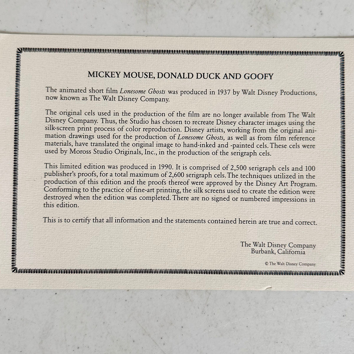 Disney Limited Edition "Mickey Mouse, Donald Duck and Goofy" COA included
