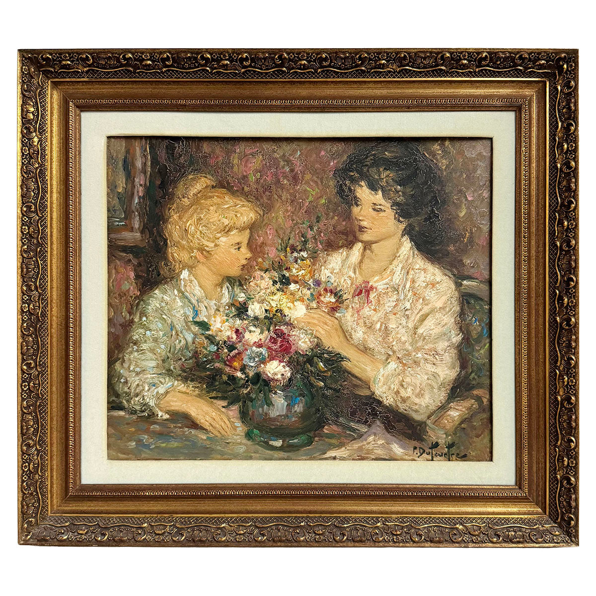 "Mother and Daughter with Flowers", Signed