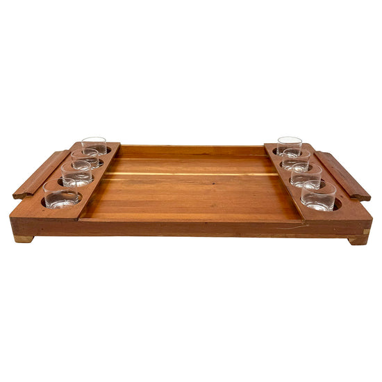 Vintage MCM Teak Tray with 8 Tasting Glasses