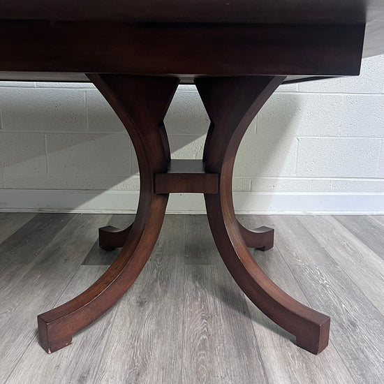 2 Pedestal Wood Dining Table With Brass Emblems