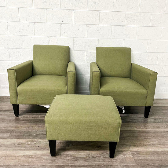 Pair Of Green Chairs & 1 Ottoman