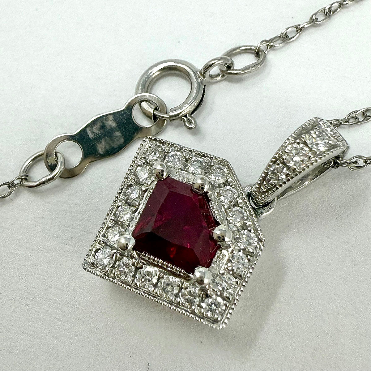 14K White Gold  Ruby and Diamond Pendant Necklace