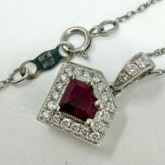 14K White Gold  Ruby and Diamond Pendant Necklace