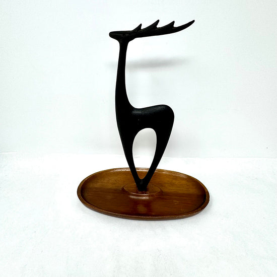 Brutalist Iron Deer with Wood Base/Bowl (small crack)