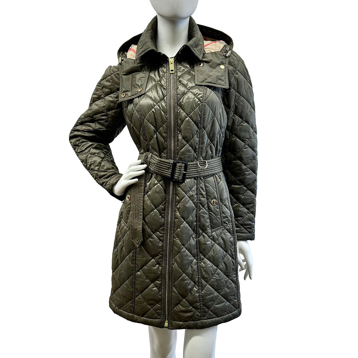 Burberry London Quilted Coat with Belt and Hoodie