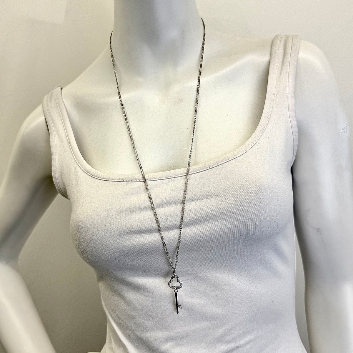 14K White Double Chain Necklace with 18K White Gold Diamond Key Pendant
