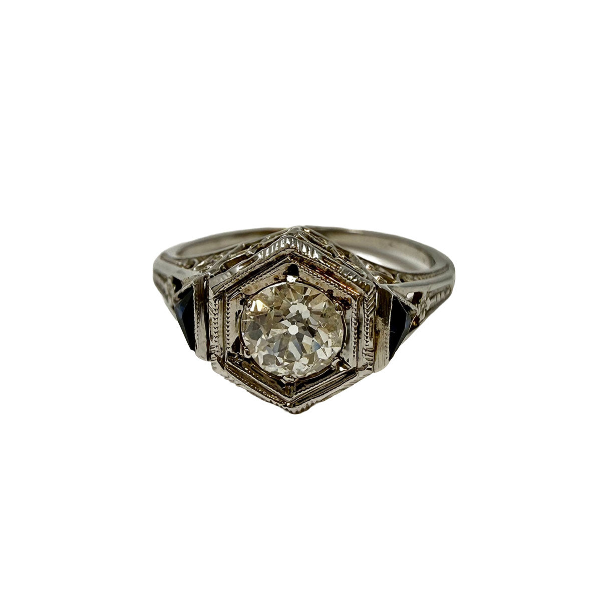 Antique 18K White Gold Ring with 0.5ct Diamond and 2 Sapphires