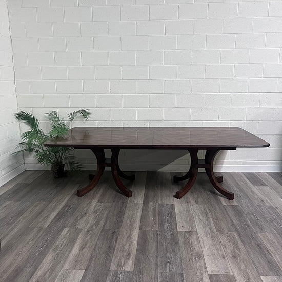 2 Pedestal Wood Dining Table With Brass Emblems