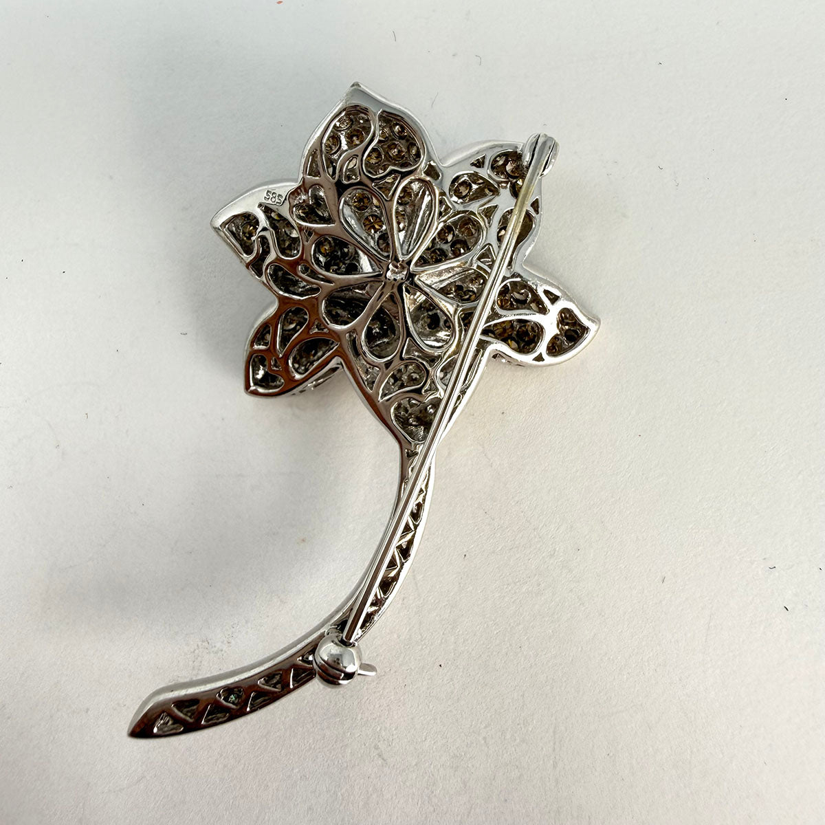14K White Gold Flower Pin with White and Brown Diamonds