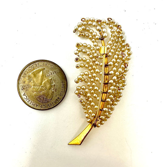 14K Gold Feather Shaped Pin with Seed Pearls