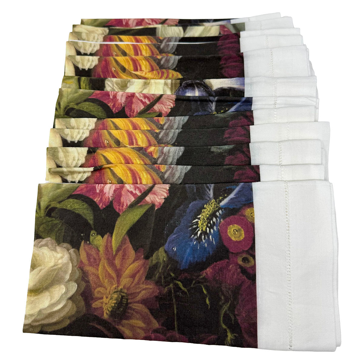 12 linen floral napkins Nicolette Meyer collection hemstitch