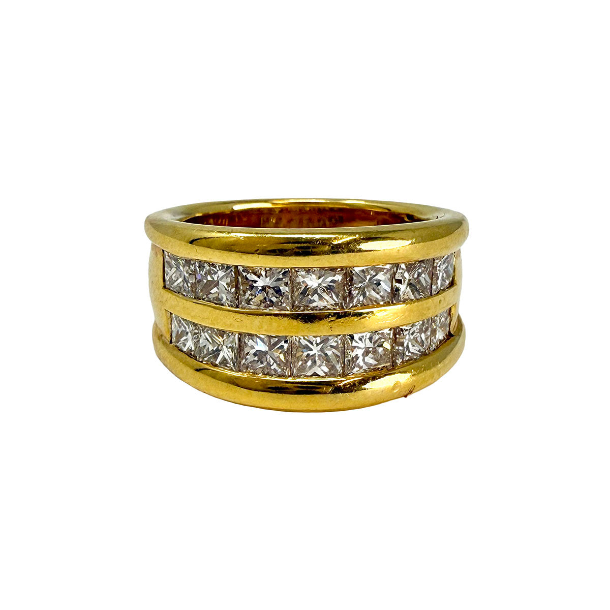 18K Gold Ring with Double Row of 14 Square Diamonds