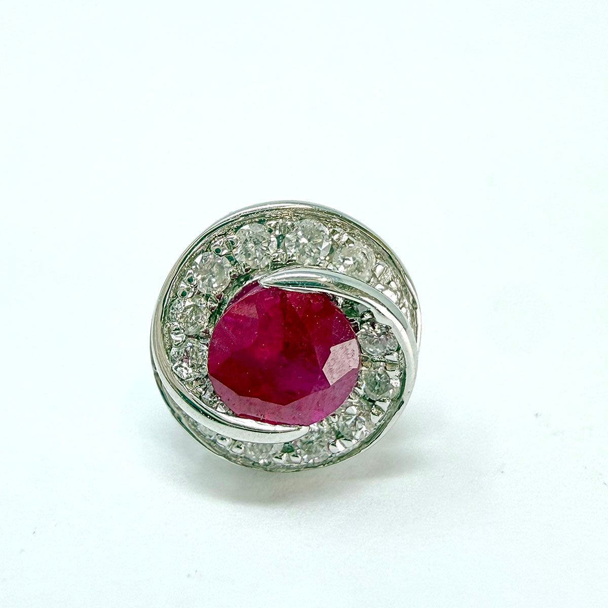18K White Gold  Ruby and Diamond Swirl Stud Earrings