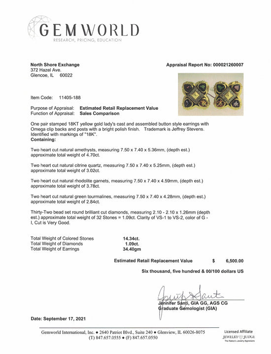 Jeffrey Stevens Earclips with Amethyst, Citrine, Rhodolite and Diamonds
