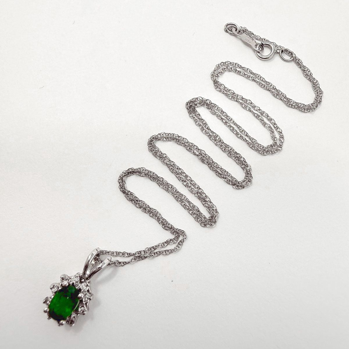 14K White Gold Necklace with Emerald and Diamond Pendant