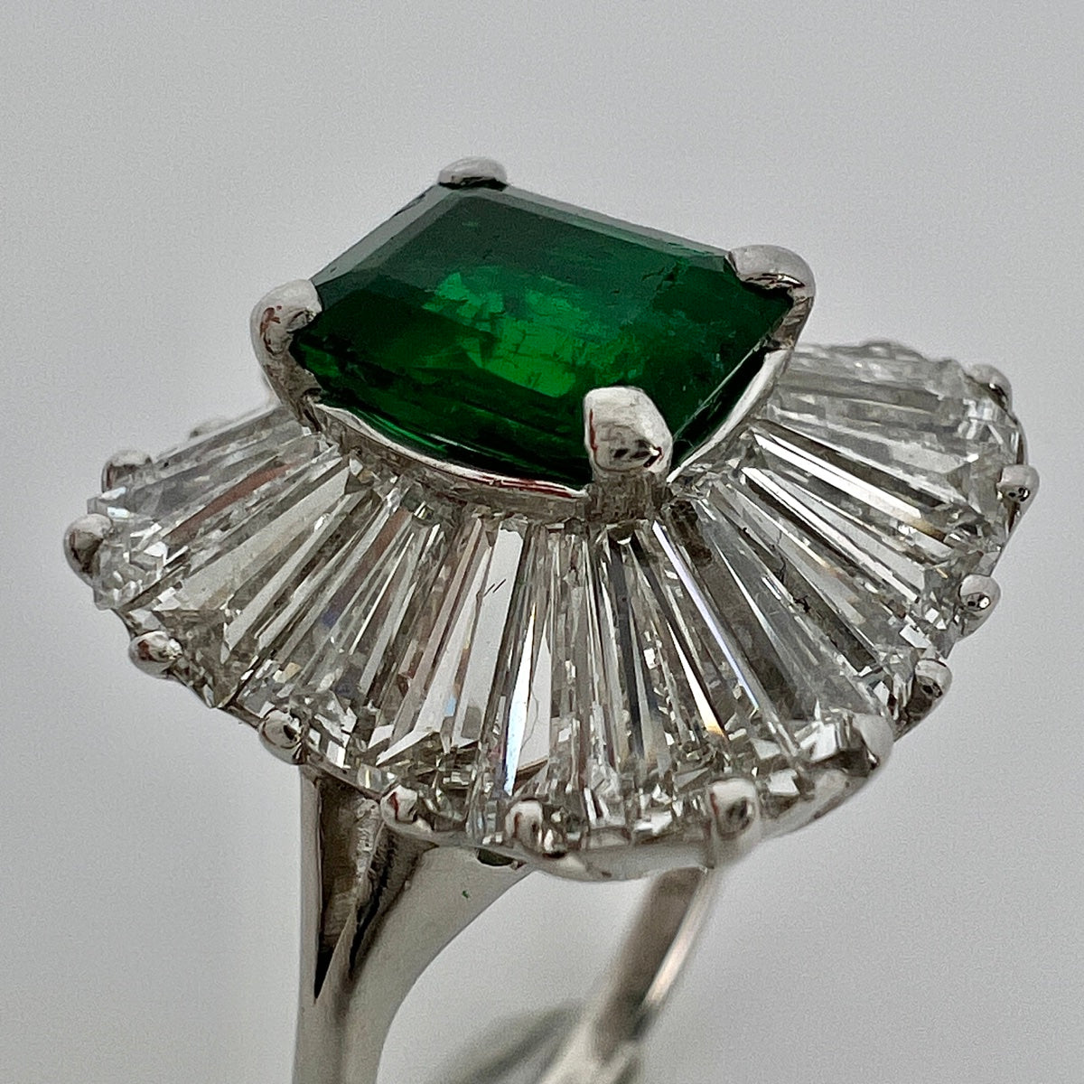 Platinum Emerald and Diamond Ballerina Design  Ring