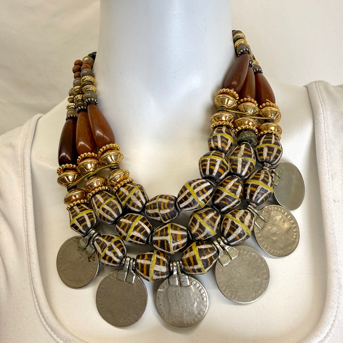 Masha Archer Painted African Trade & Gold Bead Necklace