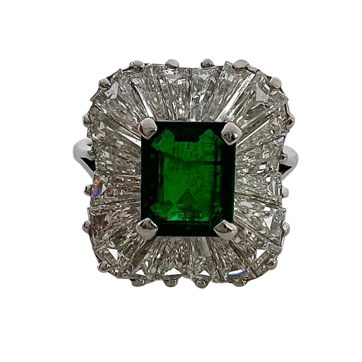 Platinum Emerald and Diamond Ballerina Design  Ring