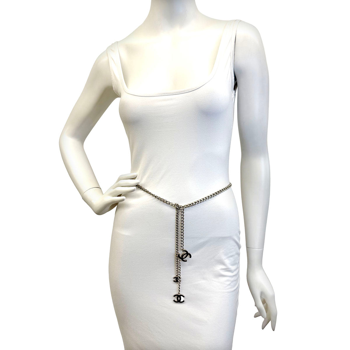 Chanel Silver-tone Chain Belt with 3 Interlocking CC Charms