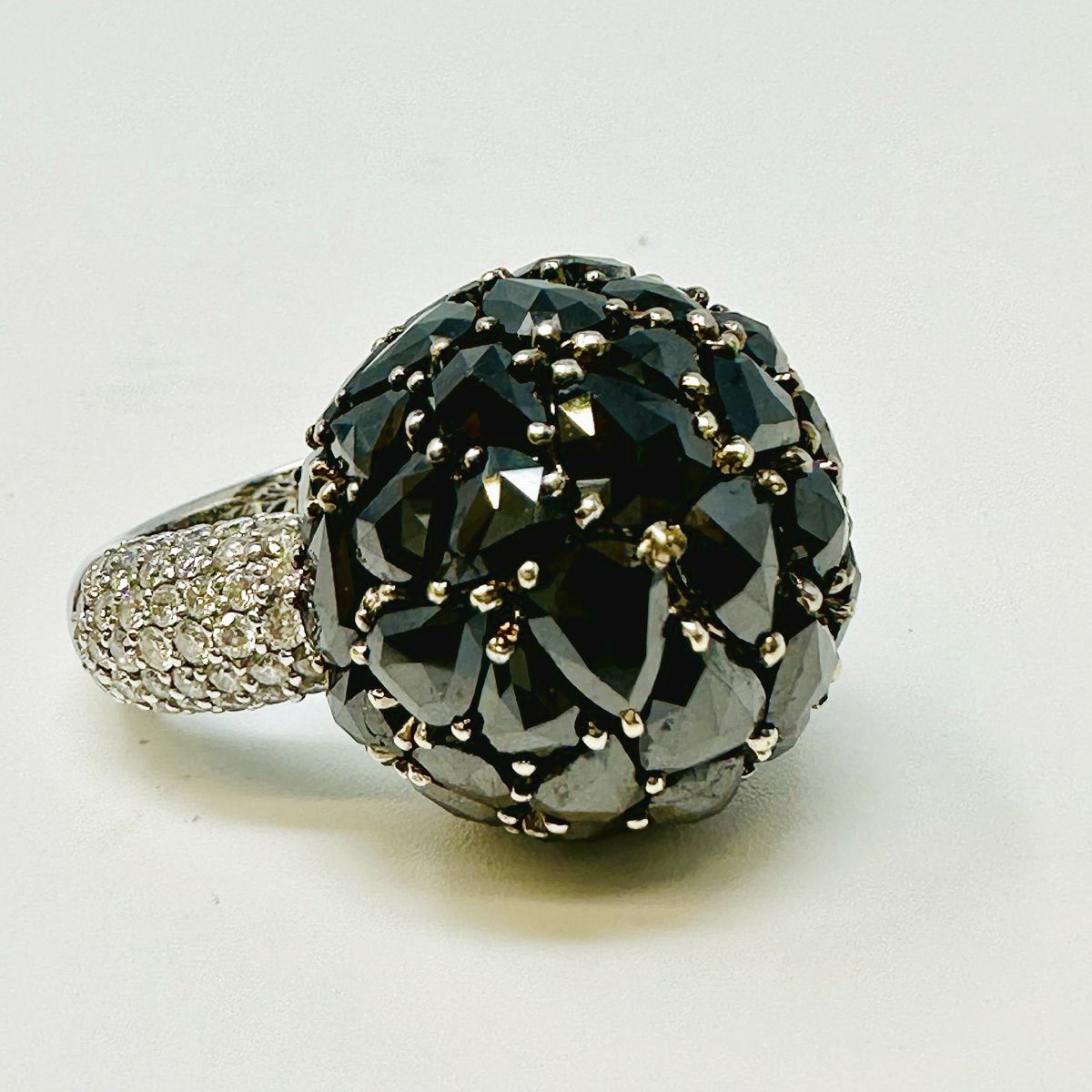 18K White Gold  Diamond Dome  Ring With Black and Clear Diamonds